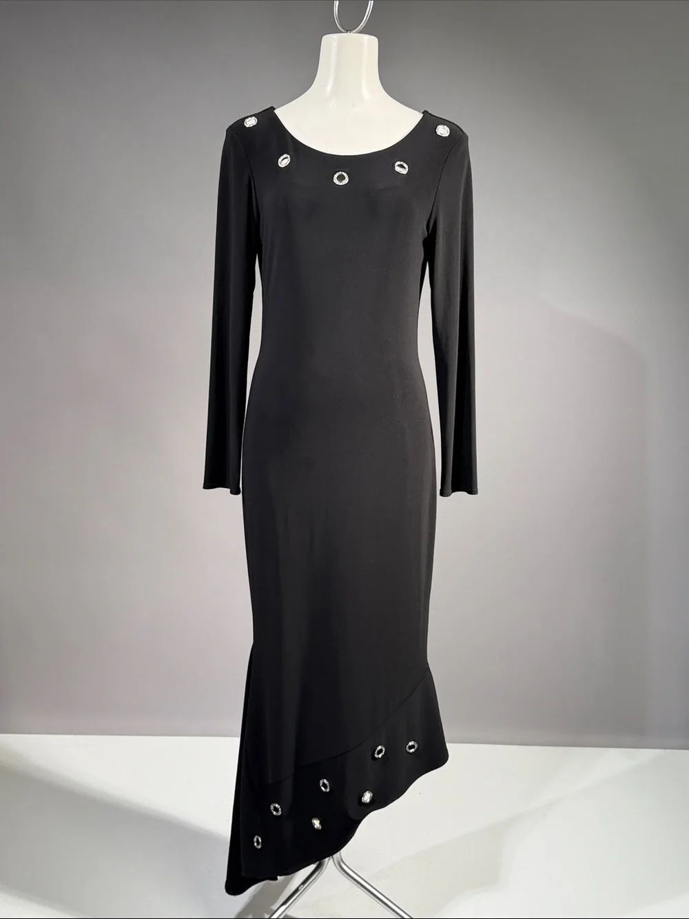Joseph Ribkoff Black Long-Sleeve Maxi Dress with Silver Eyelet Accents (rack14)